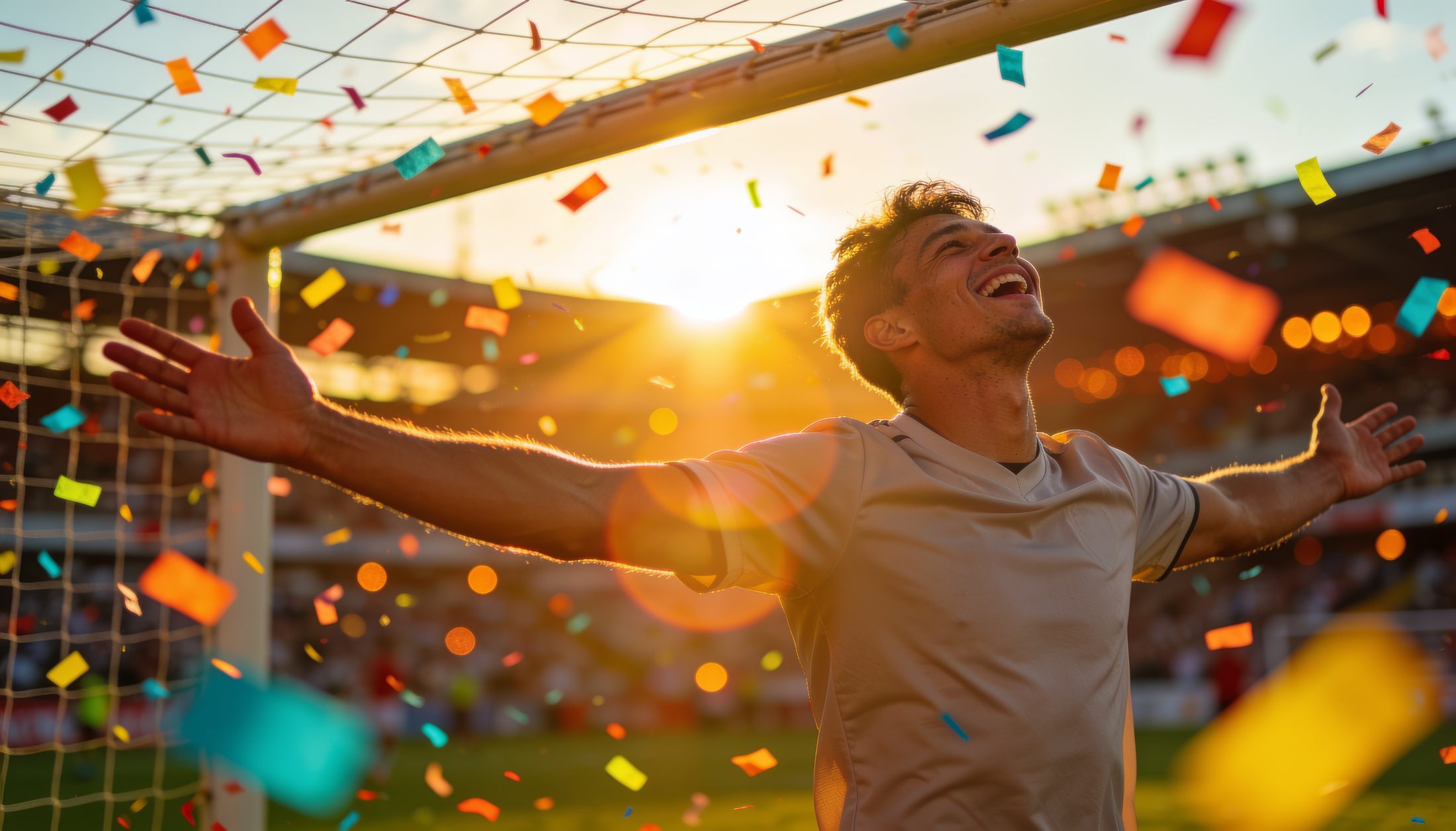 Torjubel im Stadion bei Sonnenuntergang, Konfetti